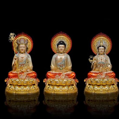 Bộ Tượng Phật Ta Bà Tam Thánh Dáng Ngồi Bằng Đồng Men Cổ Có Lá Đề T2532