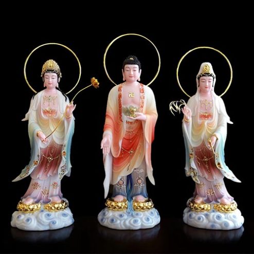 Bộ Tượng Phật Tây Phương Tam Thánh Bằng Bột Đá Sơn Cao Cấp Đứng Mây Viền Vàng T2453