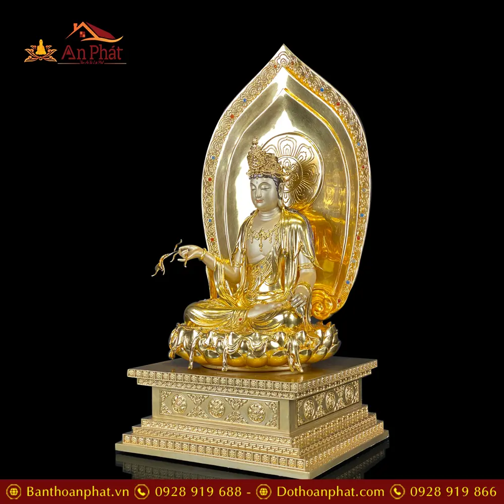 Bộ Tượng Phật Tây Phương Tam Thánh Đồng Dát Vàng Dáng Ngồi Đế Kim Cang T2531 45 bo tuong phat tay phuong tam thanh dong dat vang dang ngoi de kim cang t253100009