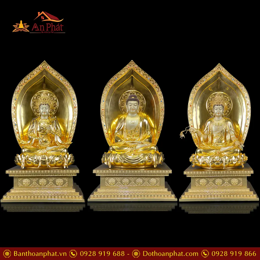 Bộ Tượng Phật Tây Phương Tam Thánh Đồng Dát Vàng Dáng Ngồi Đế Kim Cang T2531 39 Bộ Tượng Phật Tây Phương Tam Thánh Đồng Dát Vàng Dáng Ngồi Đế Kim Cang T2531