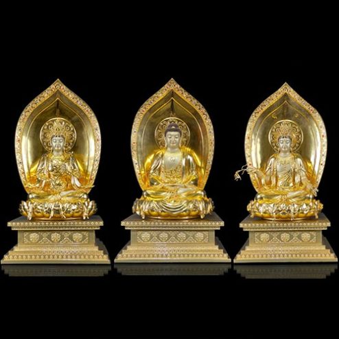 Bộ Tượng Phật Tây Phương Tam Thánh Đồng Dát Vàng Dáng Ngồi Đế Kim Cang T2531
