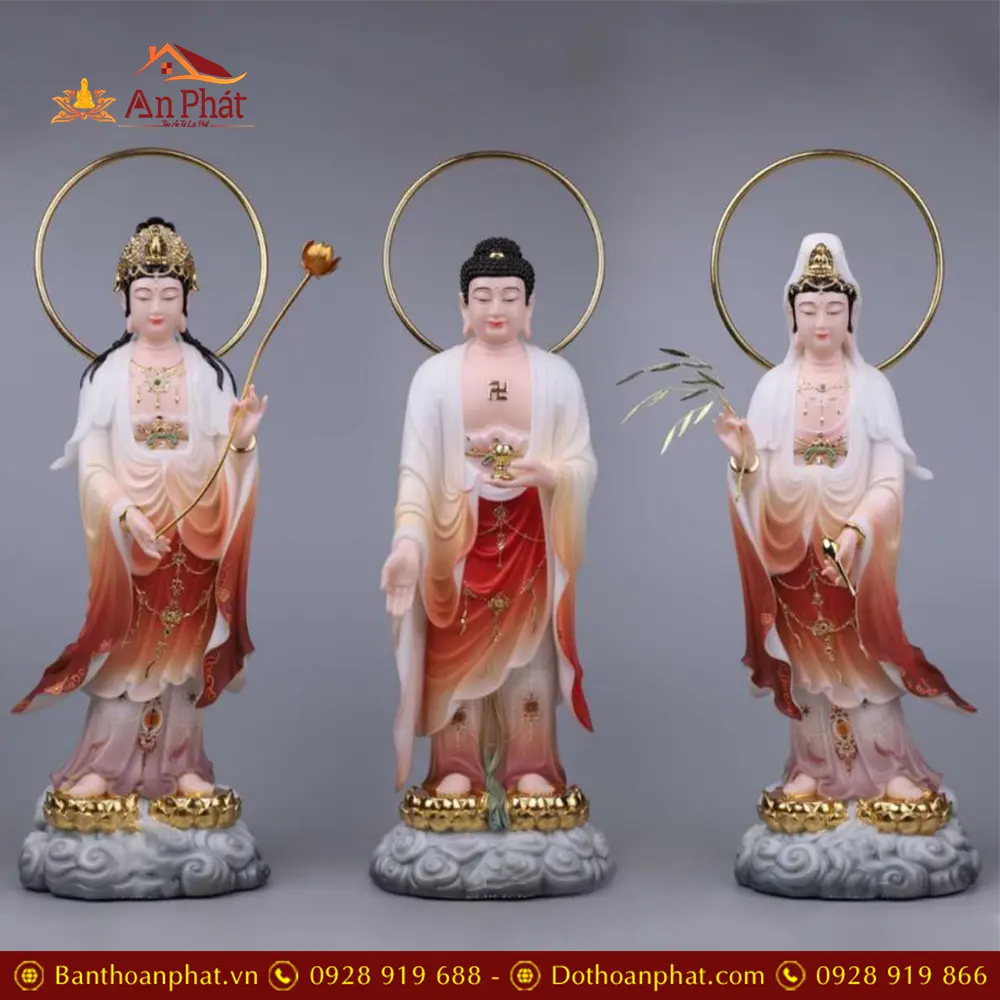 Bộ Tượng Phật Tây Phương Tam Thánh Đứng Bột Đá Đài Sen Mạ Vàng Có Hào Quang T2472 21 Bộ Tượng Phật Tây Phương Tam Thánh Đứng Bột Đá Đài Sen Mạ Vàng Có Hào Quang T2472