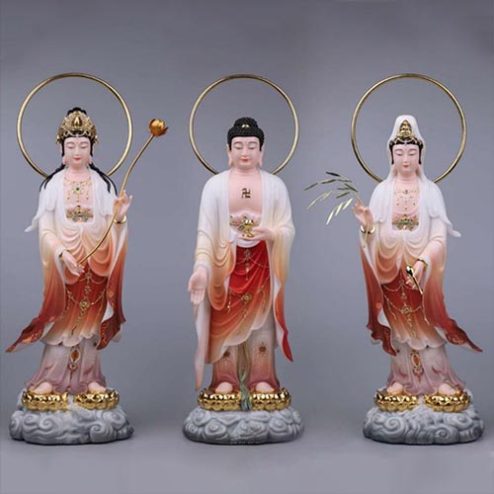 Bộ Tượng Phật Tây Phương Tam Thánh Đứng Bột Đá Đài Sen Mạ Vàng Có Hào Quang T2472