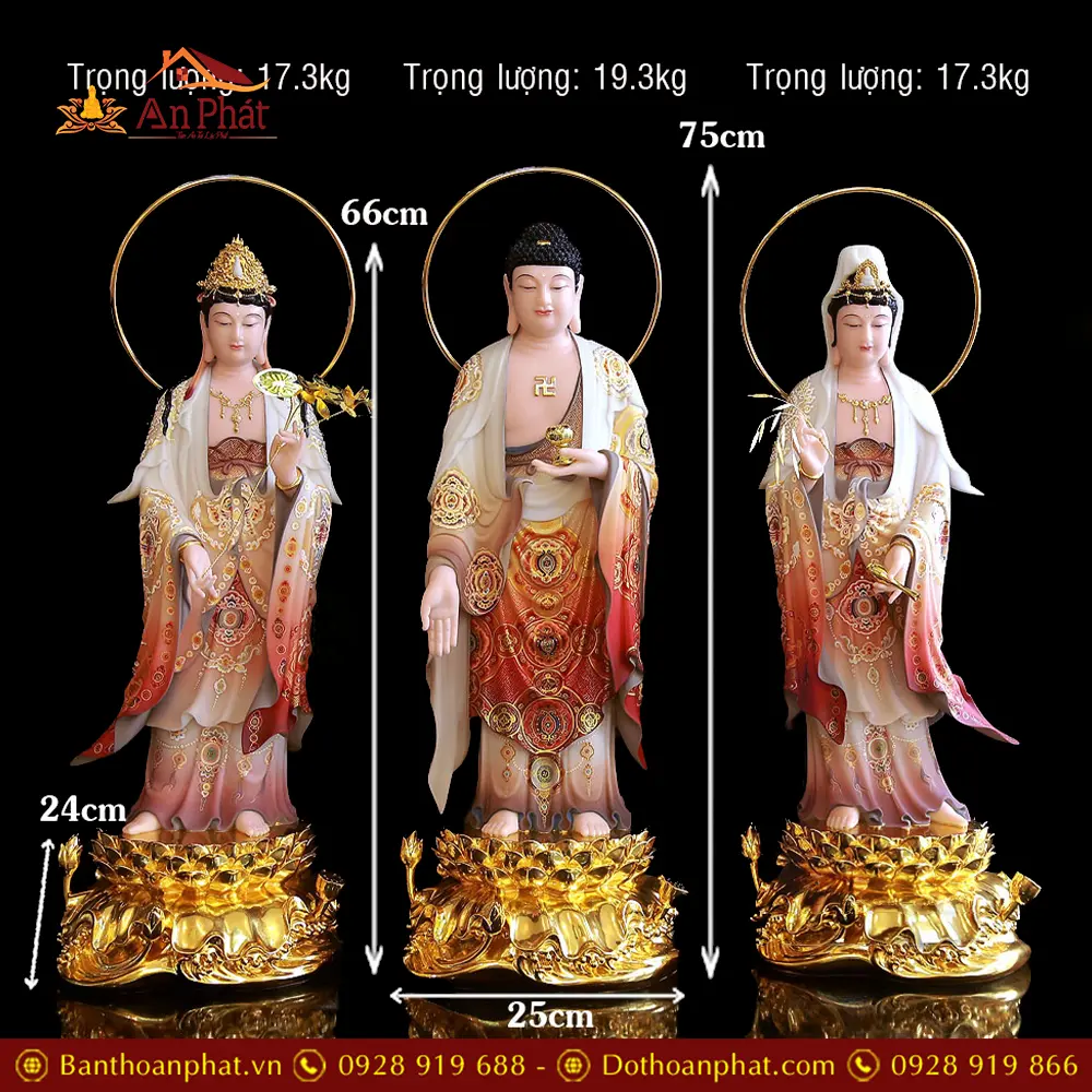 Bộ Tượng Phật Tây Phương Tam Thánh Đứng Đài Sen Bột Đá Vẽ Gấm Dát Vàng T2452 29 Bộ Tượng Phật Tây Phương Tam Thánh Đứng Đài Sen Bột Đá Vẽ Gấm Dát Vàng T2452