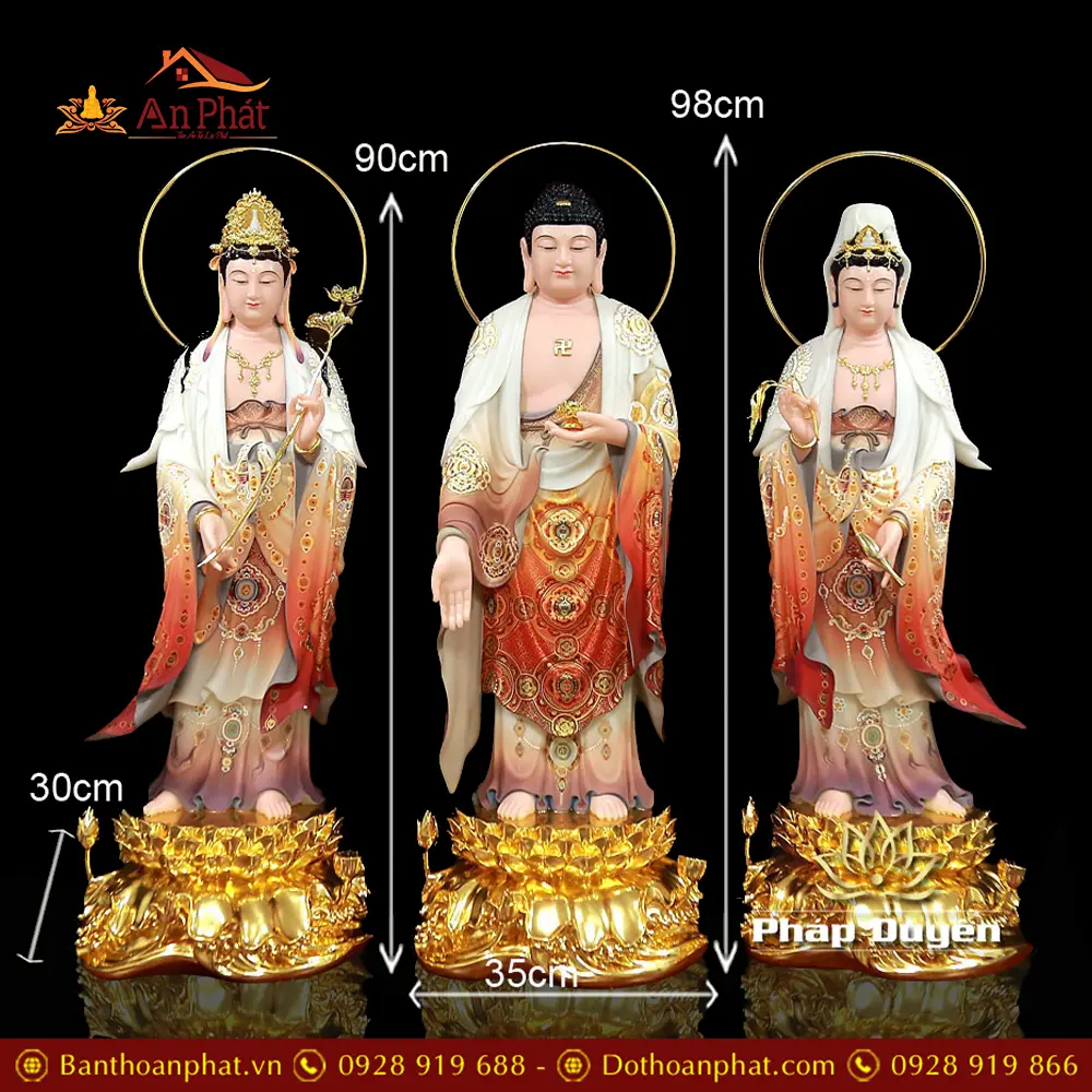 Bộ Tượng Phật Tây Phương Tam Thánh Đứng Đài Sen Bột Đá Vẽ Gấm Dát Vàng T2452 30 Bộ Tượng Phật Tây Phương Tam Thánh Đứng Đài Sen Bột Đá Vẽ Gấm Dát Vàng T2452