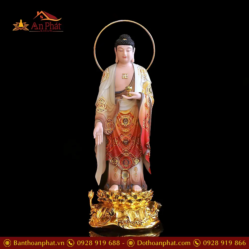 Bộ Tượng Phật Tây Phương Tam Thánh Đứng Đài Sen Bột Đá Vẽ Gấm Dát Vàng T2452 26 Bộ Tượng Phật Tây Phương Tam Thánh Đứng Đài Sen Bột Đá Vẽ Gấm Dát Vàng T2452