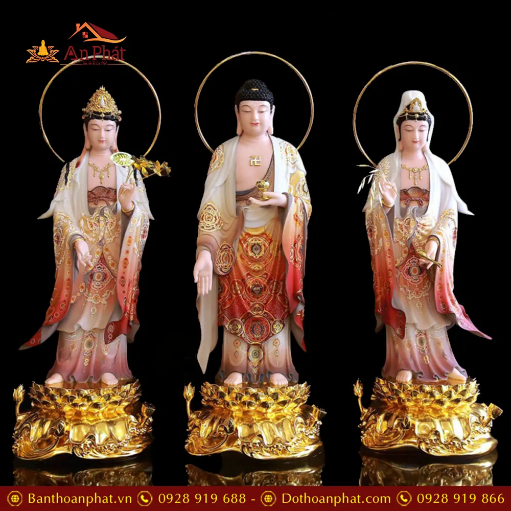 Bộ Tượng Phật Tây Phương Tam Thánh Đứng Đài Sen Bột Đá Vẽ Gấm Dát Vàng T2452 25 Bộ Tượng Phật Tây Phương Tam Thánh Đứng Đài Sen Bột Đá Vẽ Gấm Dát Vàng T2452