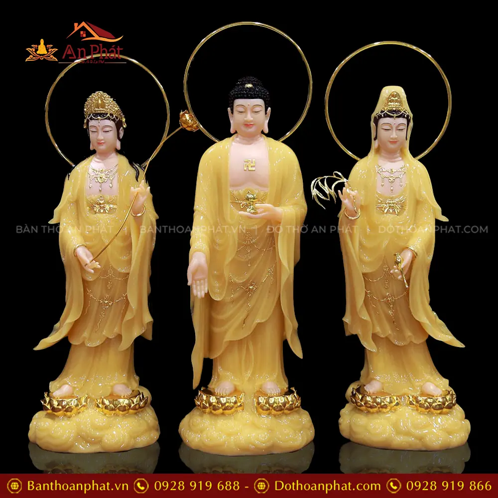 Bộ Tượng Phật Tây Phương Tam Thánh Đứng Mây Bột Đá Thạch Anh Có Hào Quang T2467 23 Bộ Tượng Phật Tây Phương Tam Thánh Đứng Mây Bột Đá Thạch Anh Có Hào Quang T2467