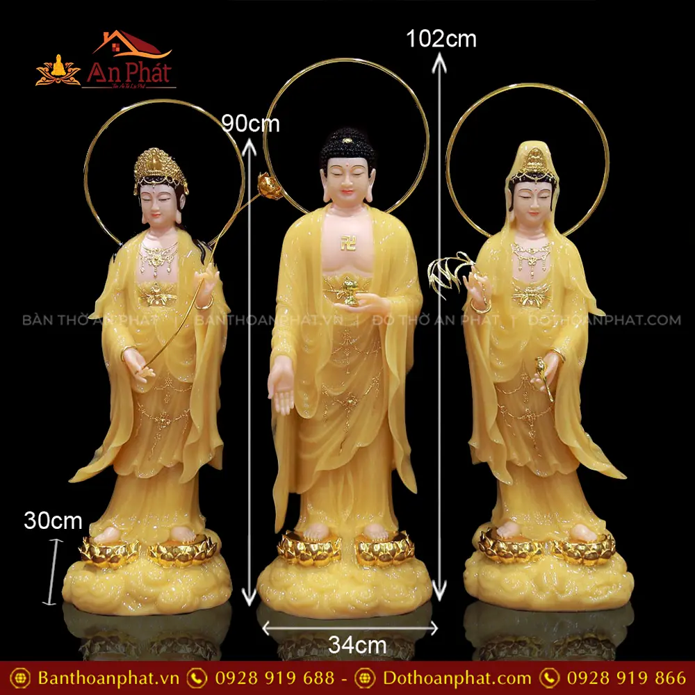 Bộ Tượng Phật Tây Phương Tam Thánh Đứng Mây Bột Đá Thạch Anh Có Hào Quang T2467 27 Bộ Tượng Phật Tây Phương Tam Thánh Đứng Mây Bột Đá Thạch Anh Có Hào Quang T2467