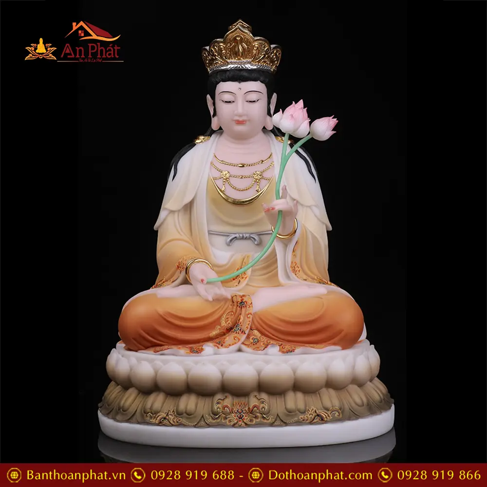 Bộ Tượng Phật Tây Phương Tam Thánh Toạ Đài Sen Vẽ Gấm Hoa T2475 12 Bộ Tượng Phật Tây Phương Tam Thánh Toạ Đài Sen Vẽ Gấm Hoa T2475