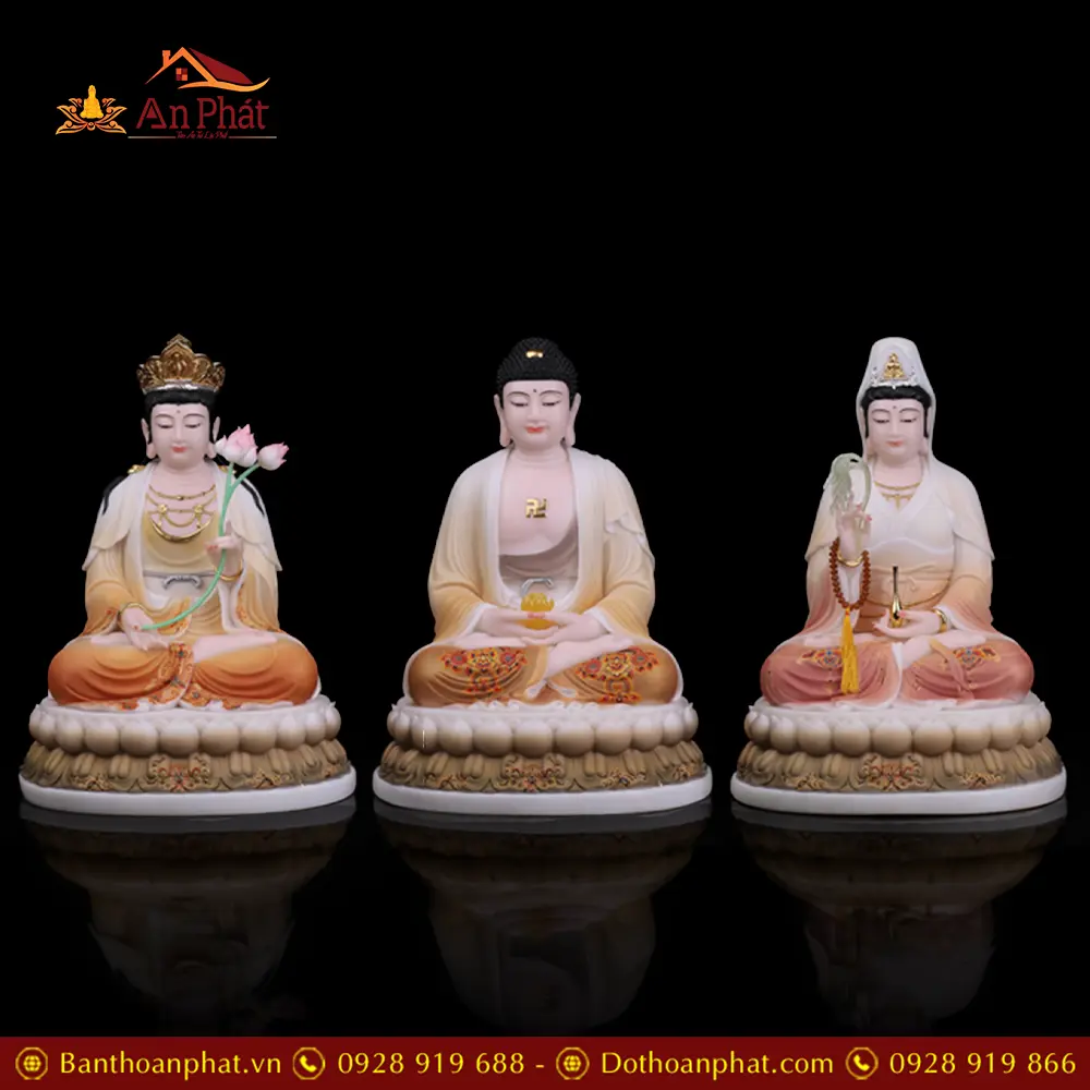 Bộ Tượng Phật Tây Phương Tam Thánh Toạ Đài Sen Vẽ Gấm Hoa T2475 9 Bộ Tượng Phật Tây Phương Tam Thánh Toạ Đài Sen Vẽ Gấm Hoa T2475