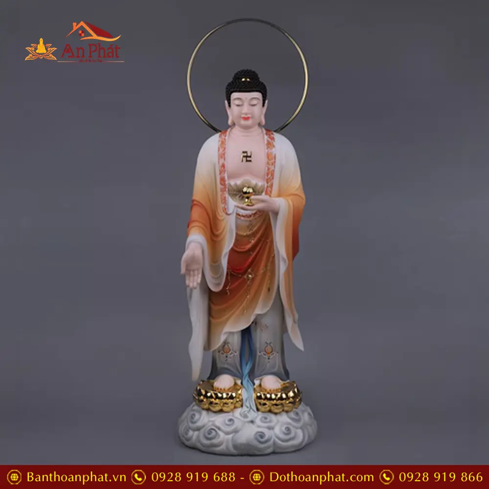 Bộ Tượng Tây Phương Tam Thánh Bột Đá Sơn Mầu Đứng Đài Sen Mạ Vàng Có Hào Quang T2474 22 bo tuong tay phuong tam thanh bot da son mau dung dai sen ma vang co hao quang t247400008