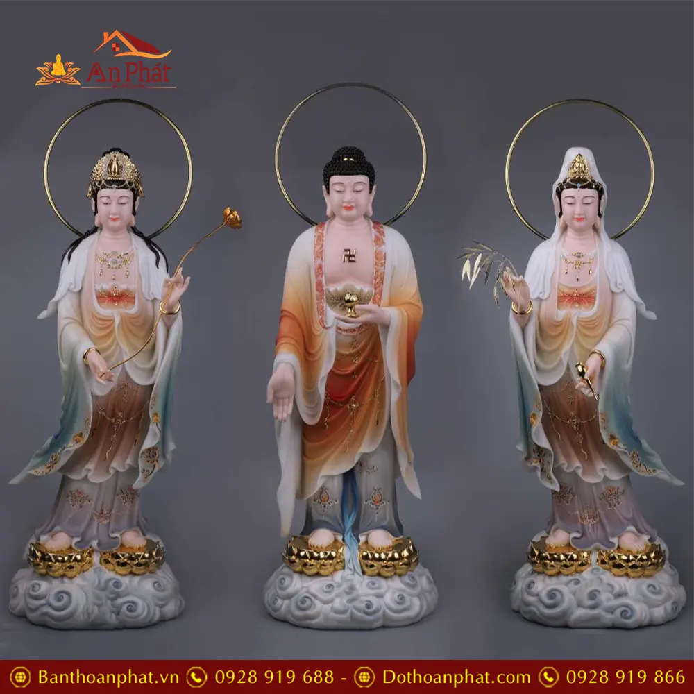 Bộ Tượng Tây Phương Tam Thánh Bột Đá Sơn Mầu Đứng Đài Sen Mạ Vàng Có Hào Quang T2474 21 bo tuong tay phuong tam thanh bot da son mau dung dai sen ma vang co hao quang t247400009