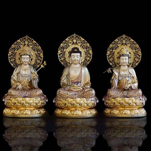 Bộ Tượng Tây Phương Tam Thánh Đồng Cao Cấp Dáng Ngồi Men Cổ Mẫn Bảo T2449