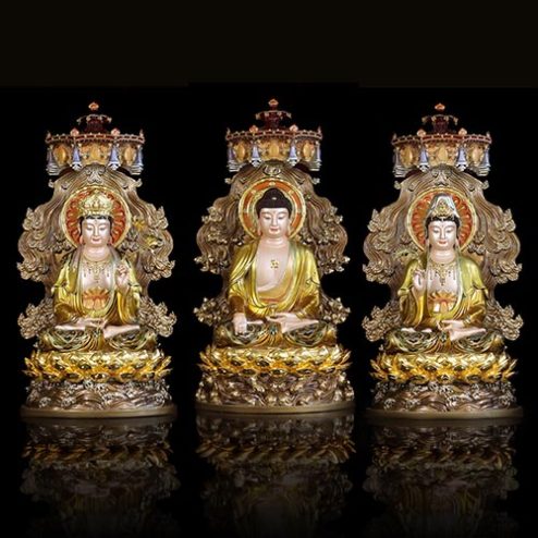 Bộ Tượng Tây Phương Tam Thánh Ngồi Có Lọng Che Bằng Đồng Cao Cấp T2450