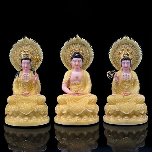 Bộ Tượng Tây Phương Tam Thánh Ngồi Đế Hoa Sen Có Lá Đề Bằng Bột Đá Thạch Anh Viền Vàng T2451