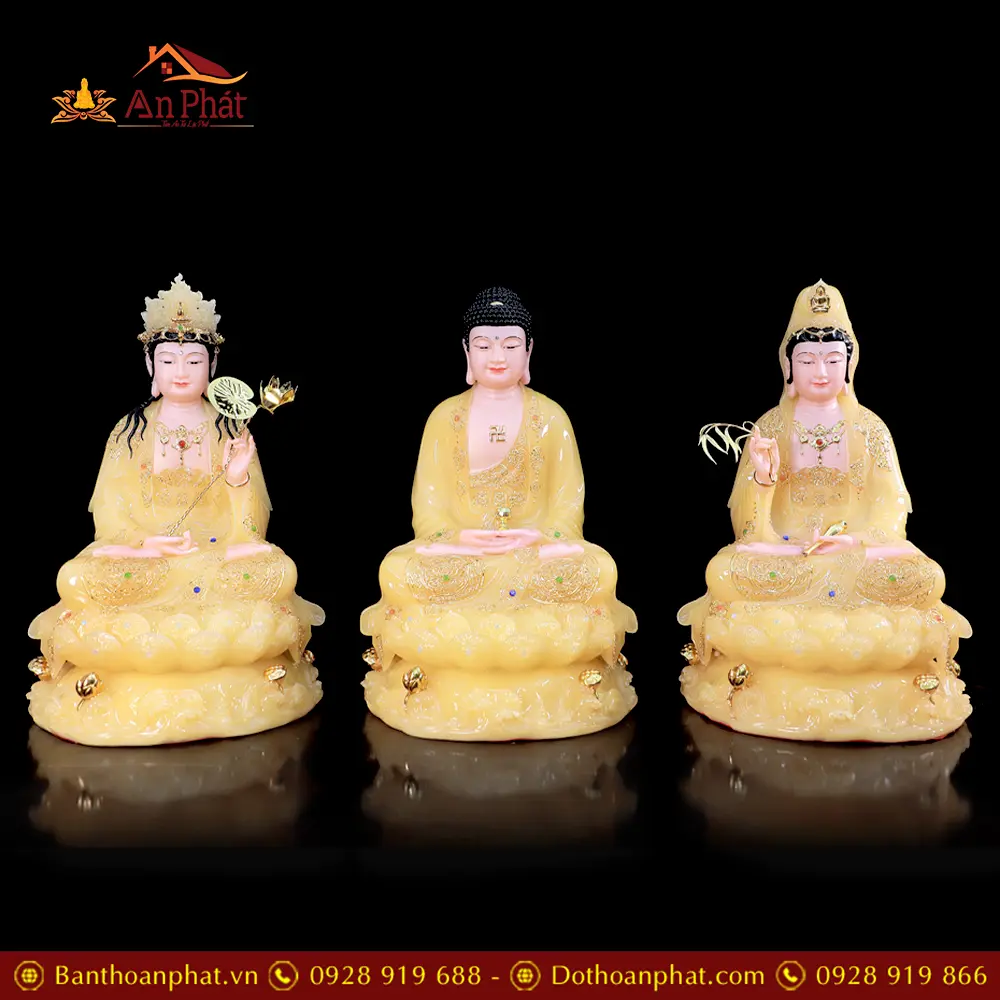 Bộ Tượng Tây Phương Tam Thánh Ngồi Đế Non Nước Bột Đá Màu Thạch Anh Cao Cấp T2469 23 Bộ Tượng Tây Phương Tam Thánh Ngồi Đế Non Nước Bột Đá Màu Thạch Anh Cao Cấp T2469