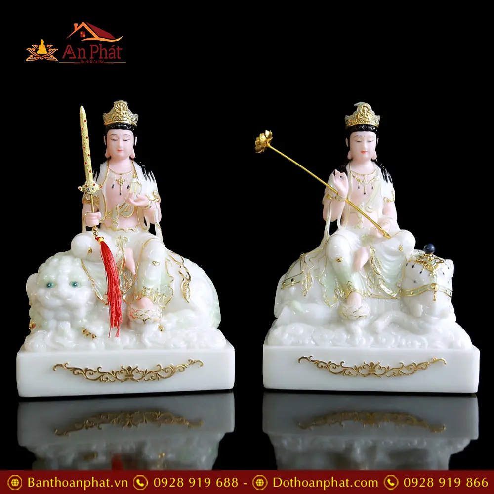 Bộ Tượng Văn Thù Phổ Hiền Bồ Tát Bột Đá Xanh Thiên Thanh Cao Cấp T2732