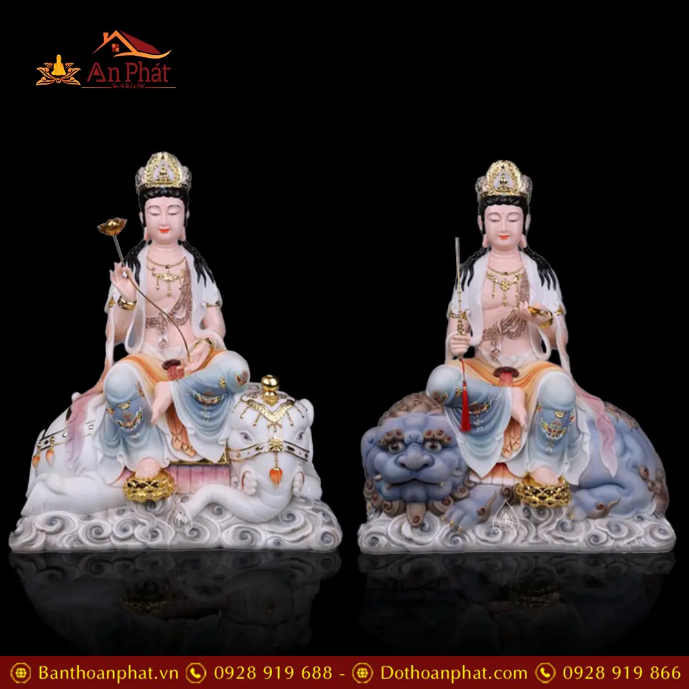 Bộ Tượng Văn Thù Phổ Hiền Bồ Tát Ngồi Bột Đá Sơn Cao Cấp Nhập Khẩu T2733