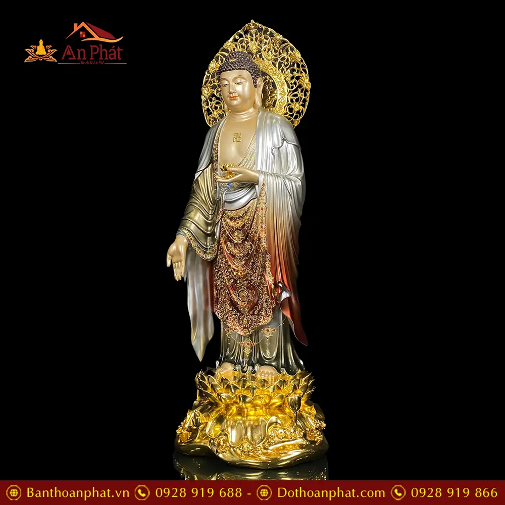 Tượng A Di Đà Bằng Đồng Men Cổ Ấn Bảo Đứng Đế Non Nước Có Lá Bồ Đề T2536 16 Tượng A Di Đà Bằng Đồng Men Cổ Ấn Bảo Đứng Đế Non Nước Có Lá Bồ Đề T2536
