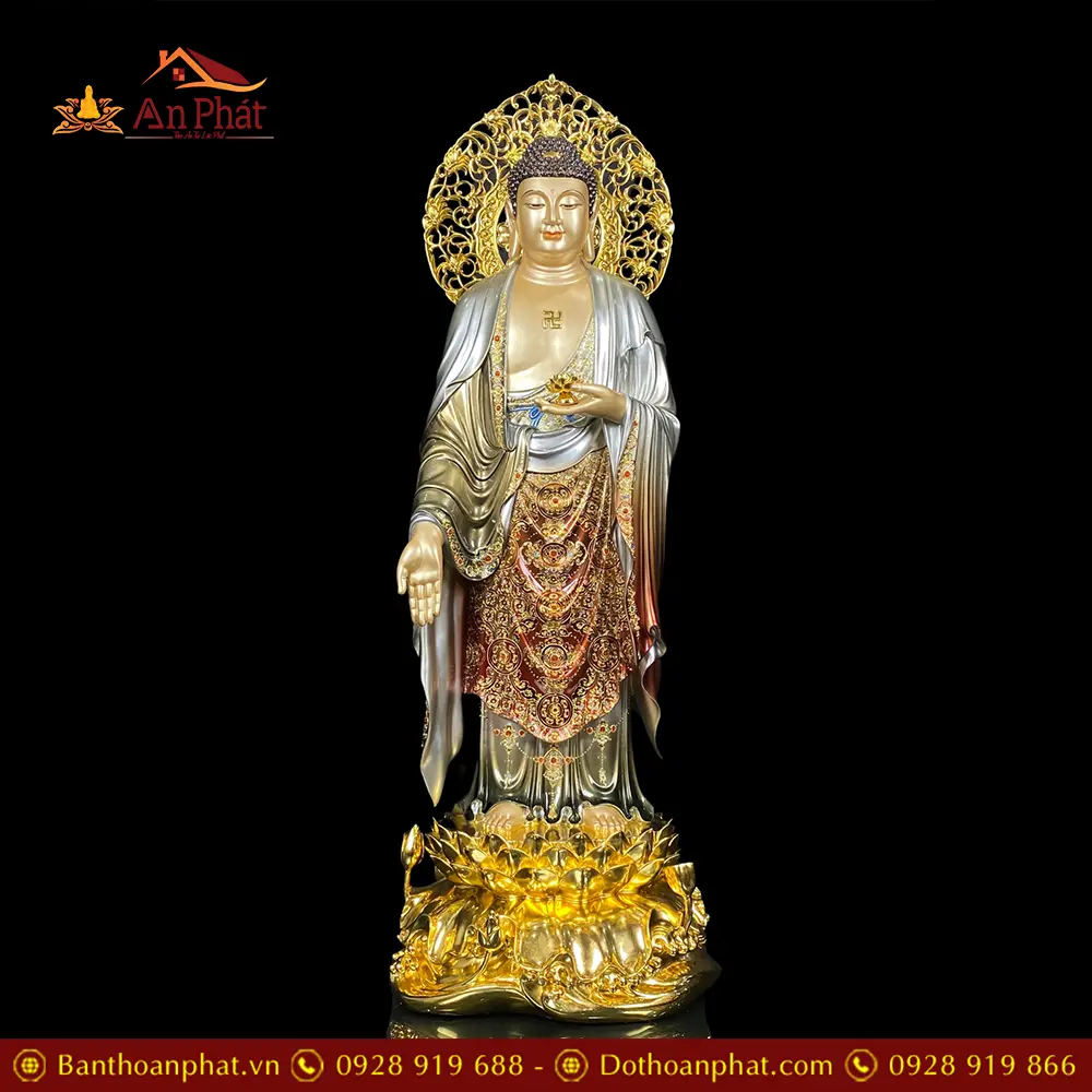 Tượng A Di Đà Bằng Đồng Men Cổ Ấn Bảo Đứng Đế Non Nước Có Lá Bồ Đề T2536 15 Tượng A Di Đà Bằng Đồng Men Cổ Ấn Bảo Đứng Đế Non Nước Có Lá Bồ Đề T2536