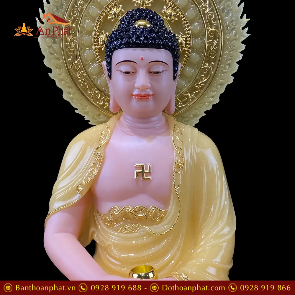 Tượng A Di Đà Ngồi Đài Sen Có Lá Đề Bằng Bột Đá Thạch Anh Viền Vàng T2495 16 tuong a di da ngoi dai sen co la de bang bot da thach anh vien vang t249500001