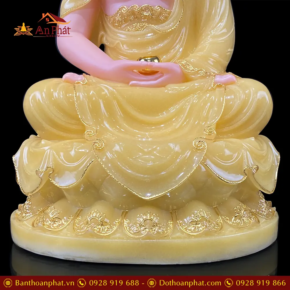 Tượng A Di Đà Ngồi Đài Sen Có Lá Đề Bằng Bột Đá Thạch Anh Viền Vàng T2495 17 tuong a di da ngoi dai sen co la de bang bot da thach anh vien vang t249500002