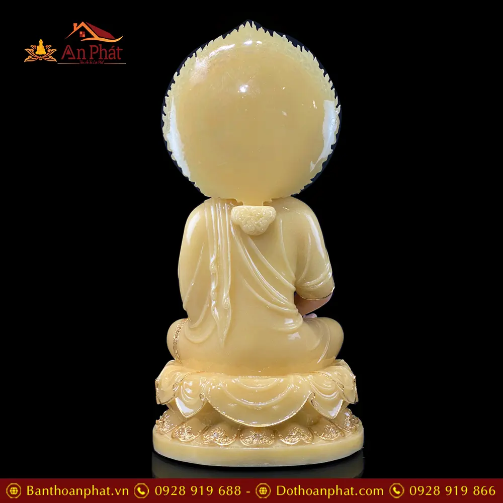 Tượng A Di Đà Ngồi Đài Sen Có Lá Đề Bằng Bột Đá Thạch Anh Viền Vàng T2495 15 tuong a di da ngoi dai sen co la de bang bot da thach anh vien vang t249500004