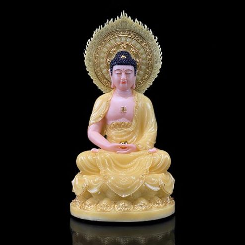 Tượng A Di Đà Ngồi Đài Sen Có Lá Đề Bằng Bột Đá Thạch Anh Viền Vàng T2495