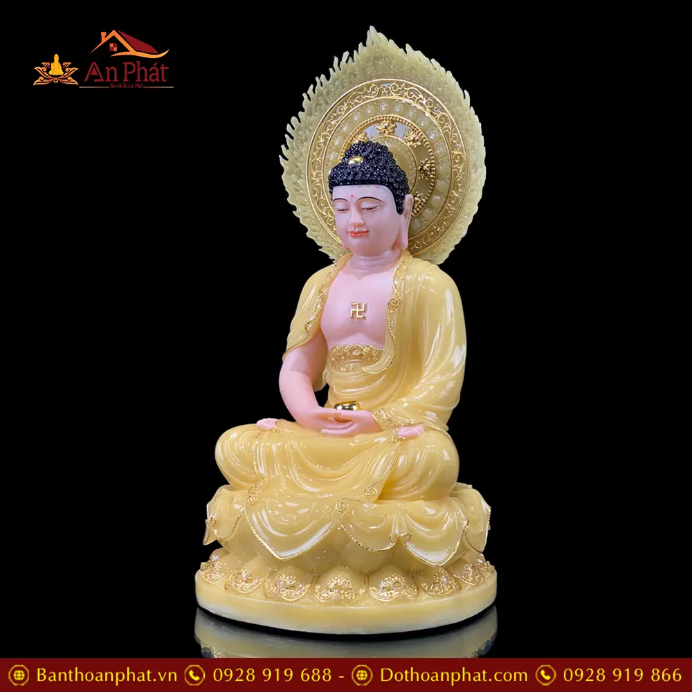 Tượng A Di Đà Ngồi Đài Sen Có Lá Đề Bằng Bột Đá Thạch Anh Viền Vàng T2495 14 Tượng A Di Đà Ngồi Đài Sen Có Lá Đề Bằng Bột Đá Thạch Anh Viền Vàng T2495