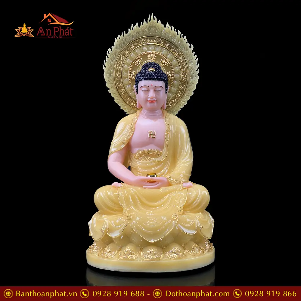 Tượng A Di Đà Ngồi Đài Sen Có Lá Đề Bằng Bột Đá Thạch Anh Viền Vàng T2495 13 Tượng A Di Đà Ngồi Đài Sen Có Lá Đề Bằng Bột Đá Thạch Anh Viền Vàng T2495