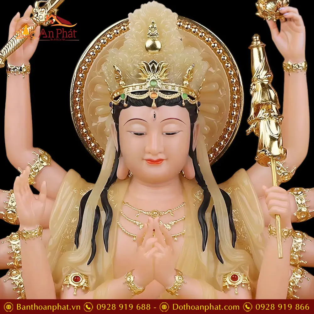 Tượng Bồ Tát Chuẩn Đề Bột Đá Thạch Anh Ngồi Đài Sen Viền Vàng Cao Cấp T2705