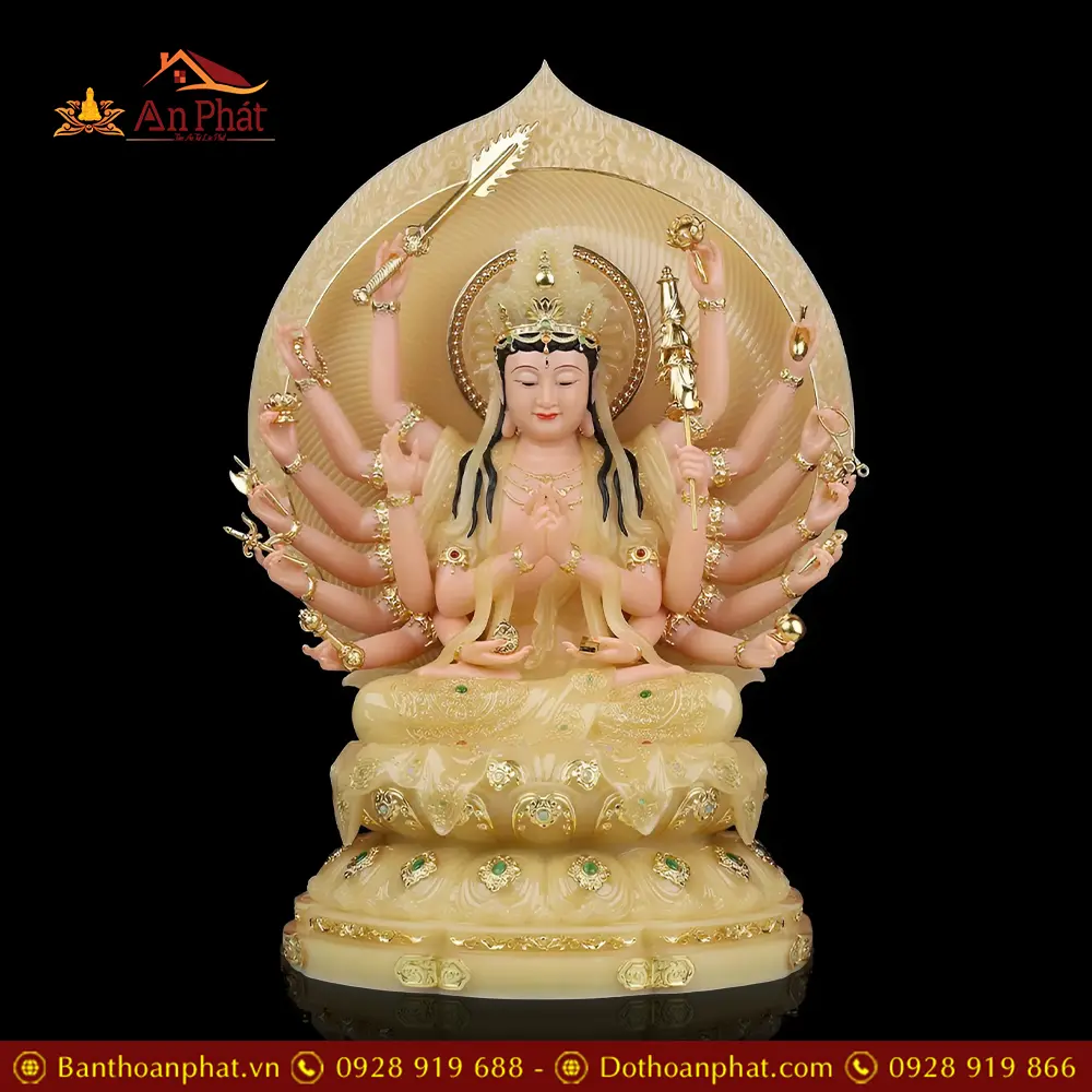 Tượng Bồ Tát Chuẩn Đề Bột Đá Thạch Anh Ngồi Đài Sen Viền Vàng Cao Cấp T2705
