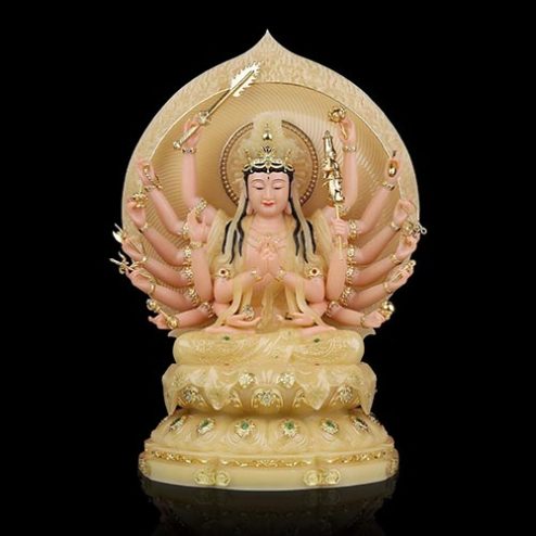 Tượng Bồ Tát Chuẩn Đề Bột Đá Thạch Anh Ngồi Đài Sen Viền Vàng Cao Cấp T2705