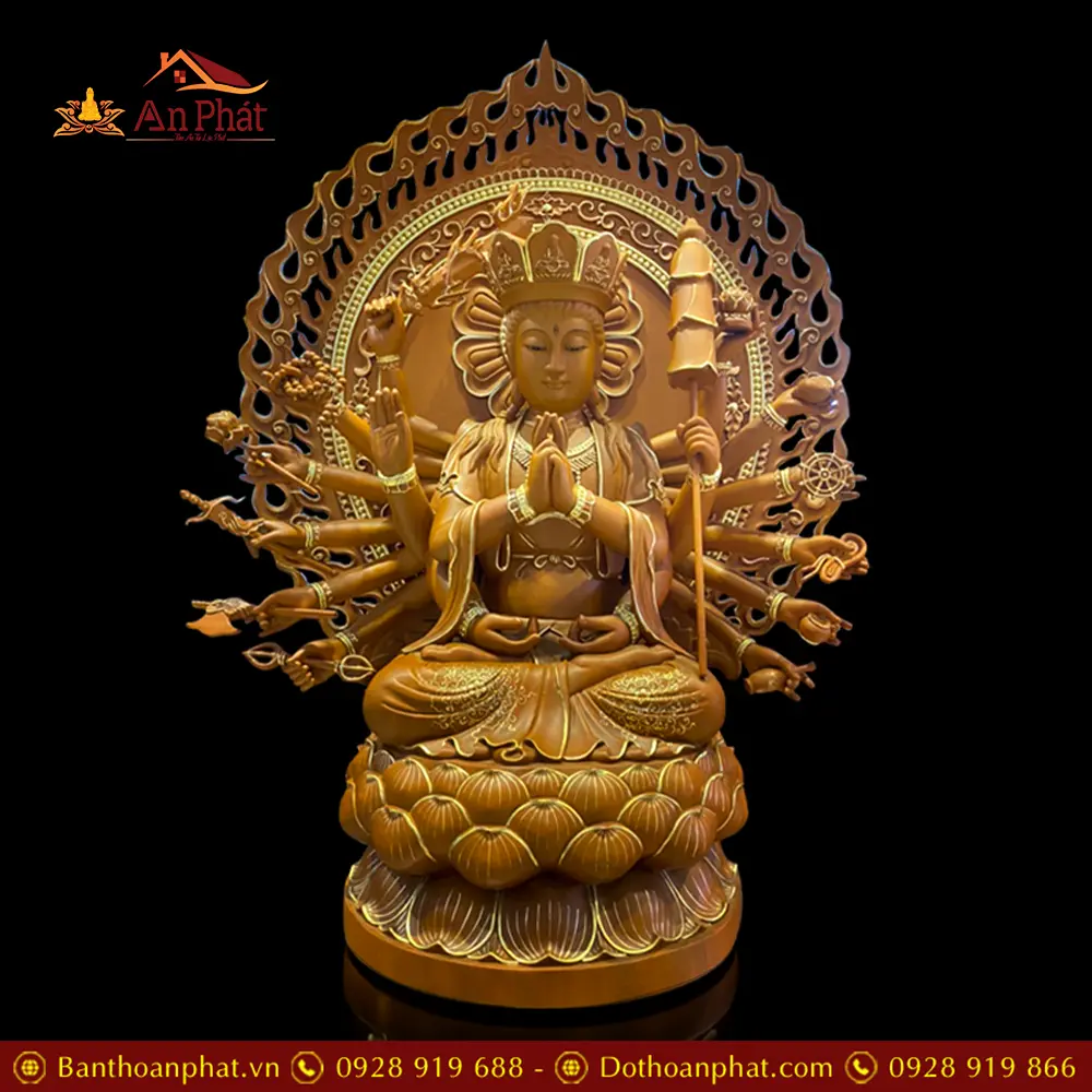 Tượng Bồ Tát Chuẩn Đề Gỗ Long Não Nhập Khẩu Viền Vàng T2707