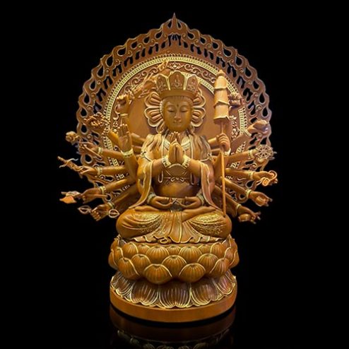 Tượng Bồ Tát Chuẩn Đề Gỗ Long Não Nhập Khẩu Viền Vàng T2707
