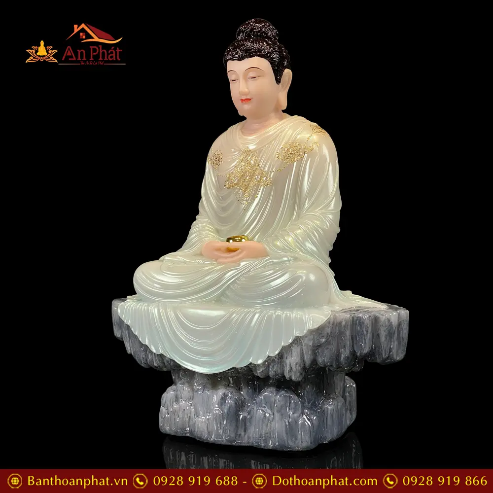 Tượng Bổn Sư Thích Ca Bột Đá Xanh Mở Viền Vàng Dàng Ngồi Thành Đạo T2622 16 Tượng Bổn Sư Thích Ca Bột Đá Xanh Mở Viền Vàng Dàng Ngồi Thành Đạo T2622