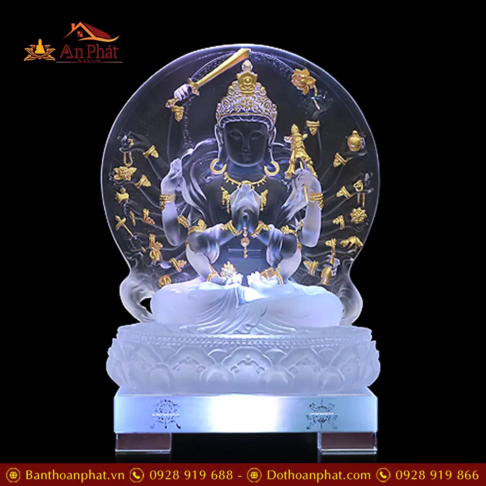 Tượng Chuẩn Đề Bồ Tát Lưu Ly Trắng Viền Vàng Cao Cấp Nhập Khẩu T2708