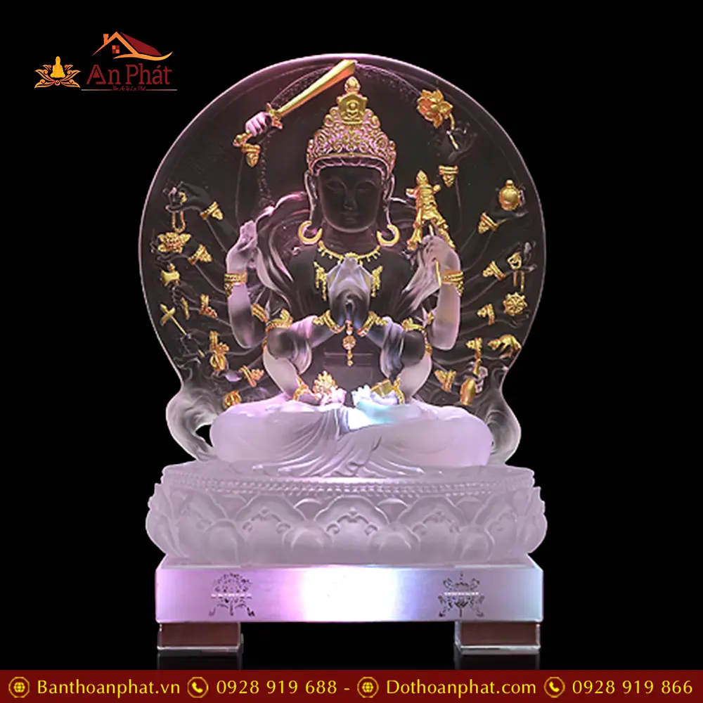 Tượng Chuẩn Đề Bồ Tát Lưu Ly Trắng Viền Vàng Cao Cấp Nhập Khẩu T2708