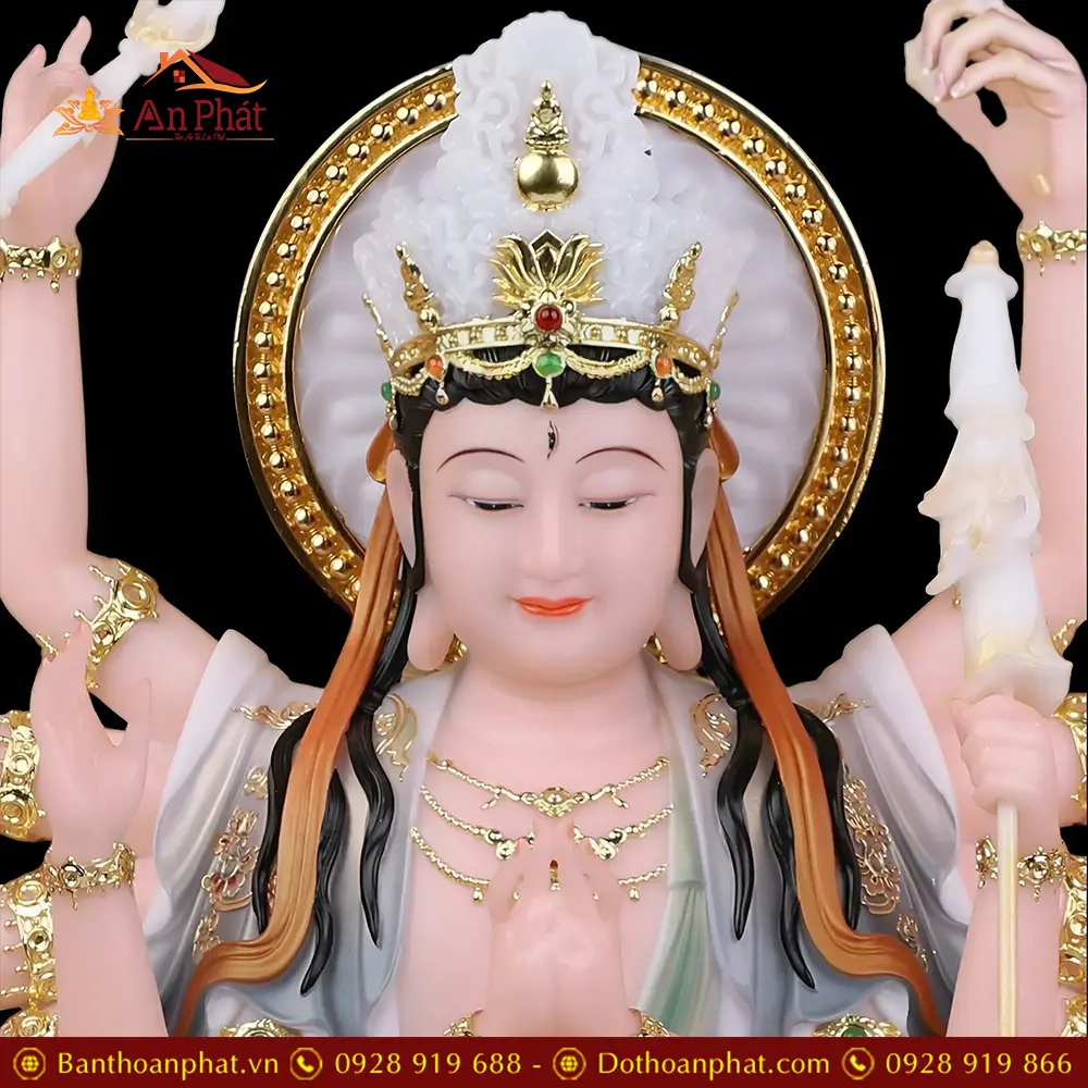 Tượng Chuẩn Đề Bồ Tát Ngồi Đài Sen Bột Đá Sơn Đỏ Nhập Khẩu T2704