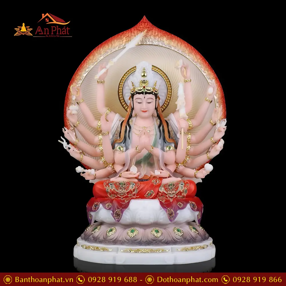 Tượng Chuẩn Đề Bồ Tát Ngồi Đài Sen Bột Đá Sơn Đỏ Nhập Khẩu T2704