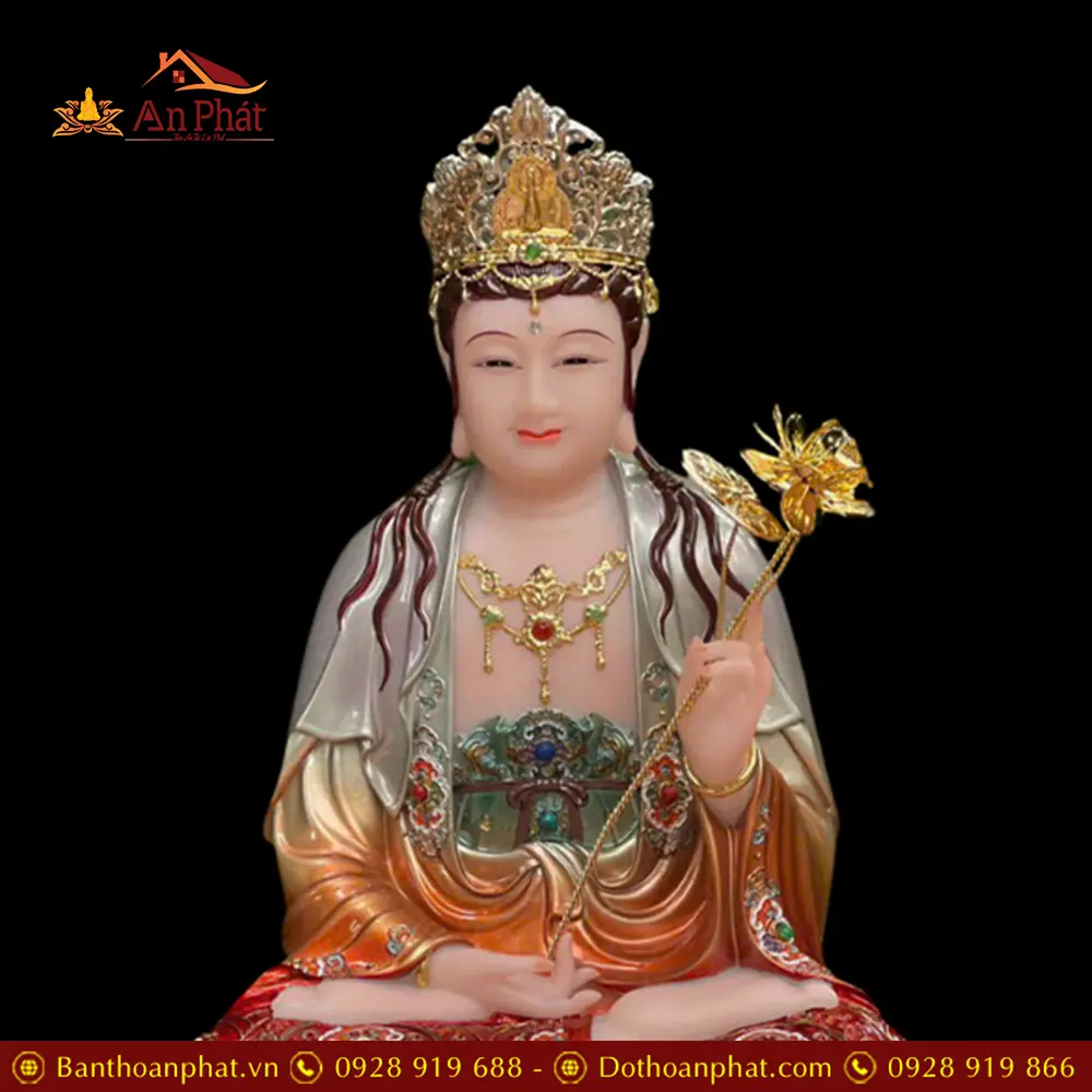 Tượng Đại Thế Chí Bồ Tát Bột Đá Cao Cấp Vẽ Gấm Ngồi Đài Sen T2722