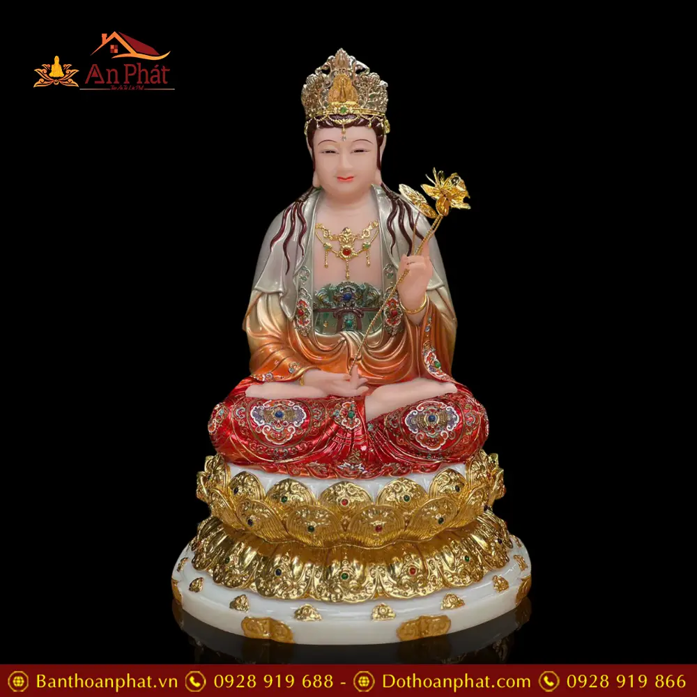 Tượng Đại Thế Chí Bồ Tát Bột Đá Cao Cấp Vẽ Gấm Ngồi Đài Sen T2722