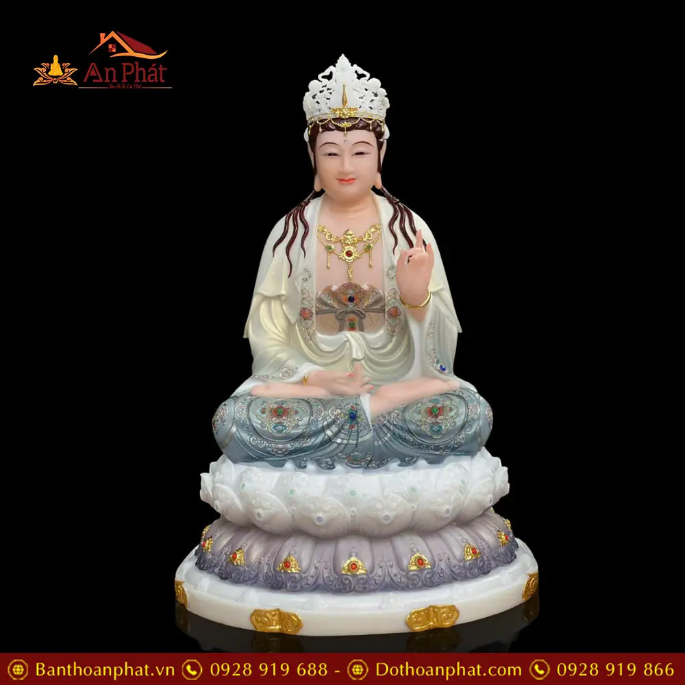 Tượng Đại Thế Chí Bồ Tát Bột Đá Nhập Khẩu Sơn Xanh Viền Vàng T2720