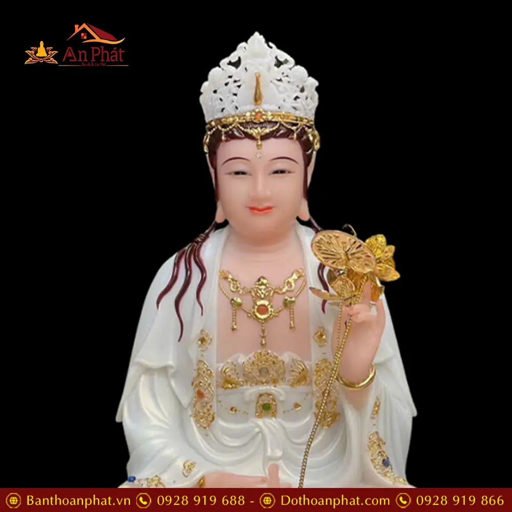 Tượng Đại Thế Chí Bồ Tát Bột Đá Trắng Cao Cấp Viền Vàng T2721