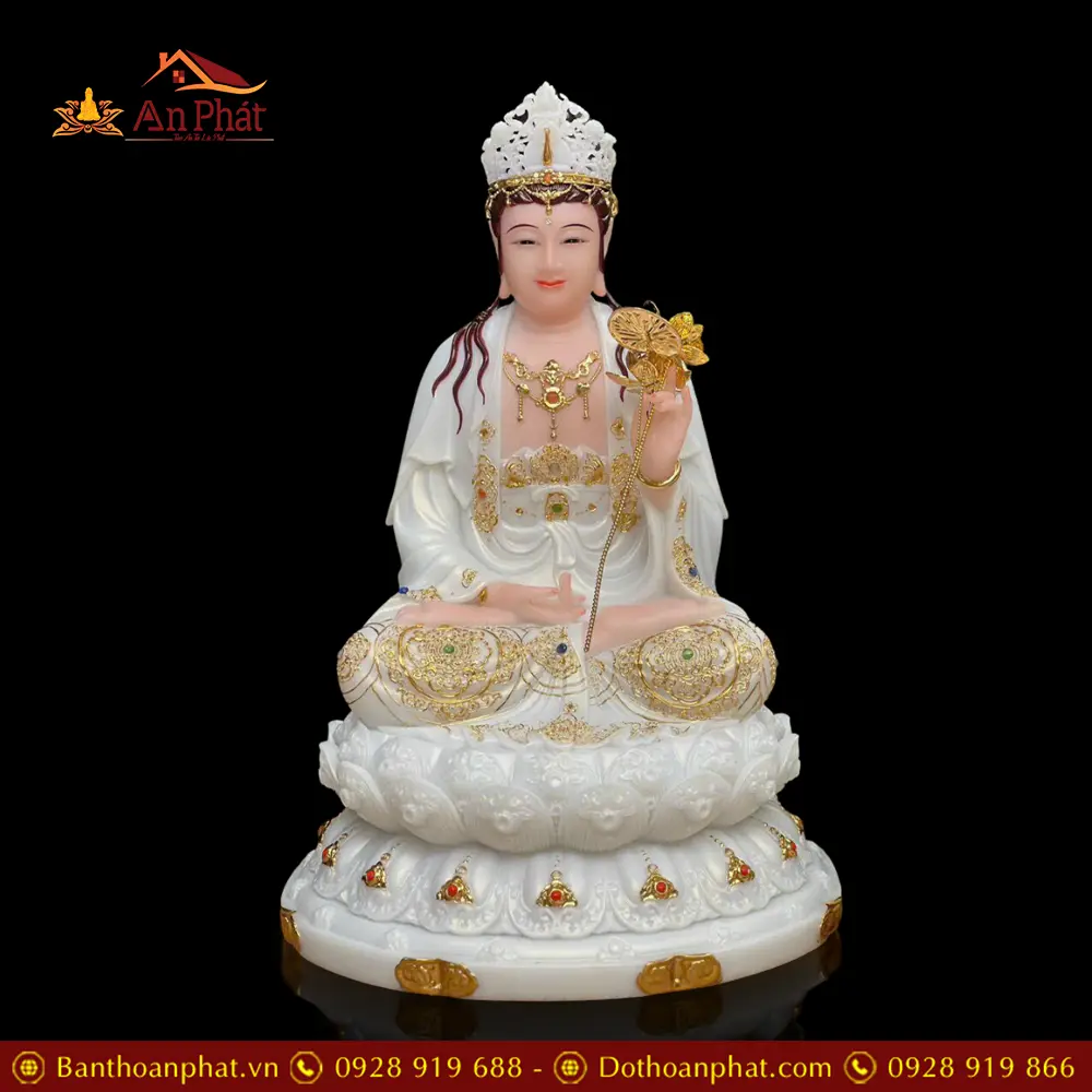 Tượng Đại Thế Chí Bồ Tát Bột Đá Trắng Cao Cấp Viền Vàng T2721