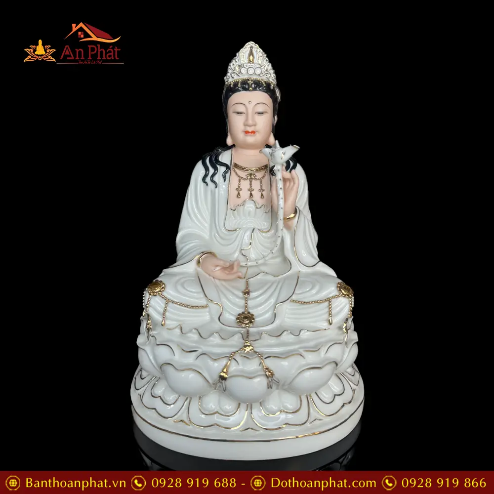 Tượng Đại Thế Chí Bồ Tát Sứ Trắng Viền Vàng Nhập Khẩu T2718