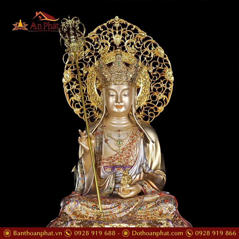 Tượng Địa Tạng Vương Bồ Tát Bằng Đồng Sơn Men Cổ Có Lá Đề Cao Cấp T2634 16 tuong dia tang vuong bo tat bang dong son men co co la de cao cap t263400003