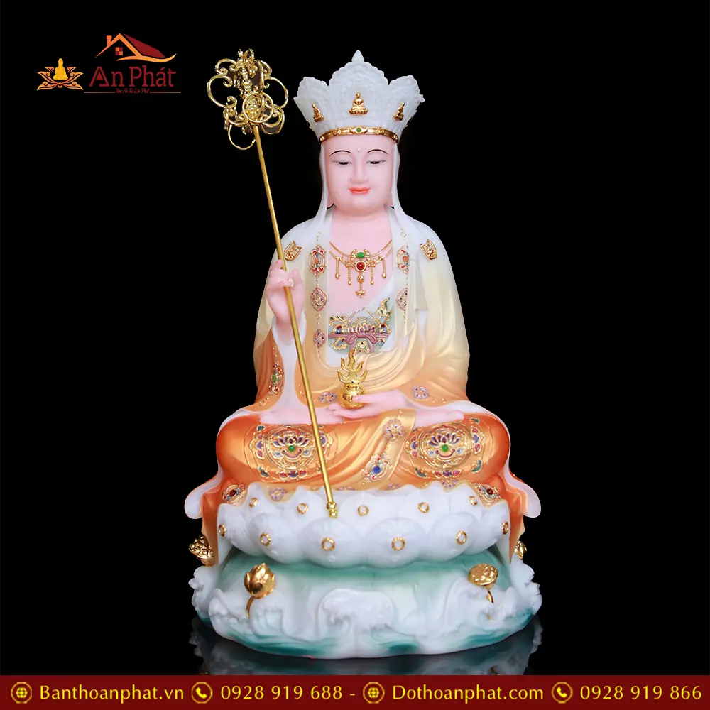 Tượng Địa Tạng Vương Bồ Tát Bột Đá Áo Cam Ngồi Đế Non Nước T2644 11 Tượng Địa Tạng Vương Bồ Tát Bột Đá Áo Cam Ngồi Đế Non Nước T2644