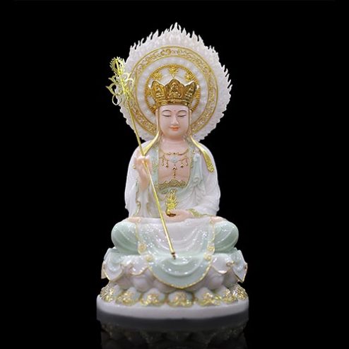 Tượng Địa Tạng Vương Bồ Tát Bột Đá Trắng Xanh Thiên Thanh Có Lá Đề Ngồi Non Nước T2648